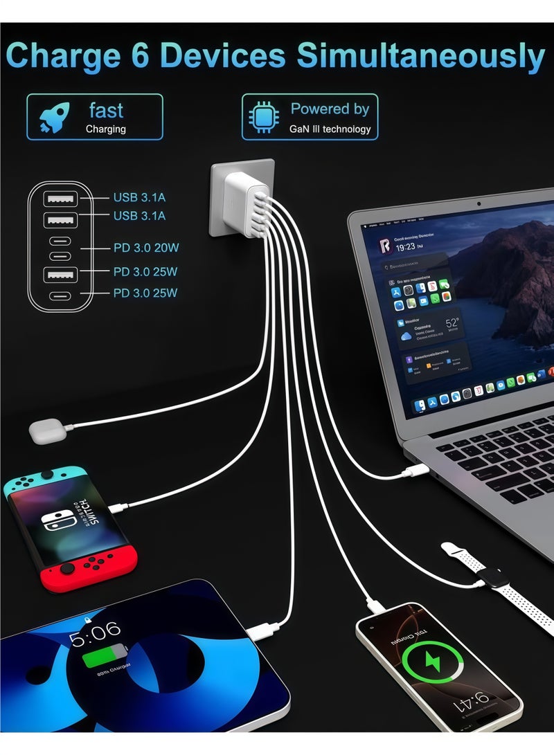 شو وو شاحن وكابل، محول شحن فائق السرعة متعدد الوظائف، شاحن حائط للهواتف المحمولة، محول طاقة للسفر، 200 واط (بريطاني)، 6 منافذ، كابل بطول 1.5 متر، تقنية الشحن السريع PD QC 3.0 من النوع C، تحكم ذكي في درجة الحرارة، متوافق مع iPhone 15/14/13 Pro Max، Samsung Galaxy S23/S22، iPad، OnePlus، Pixel، AirPods وغيرها (شاحن 200 واط وكابل 1.5 متر، أبيض) - Image 3